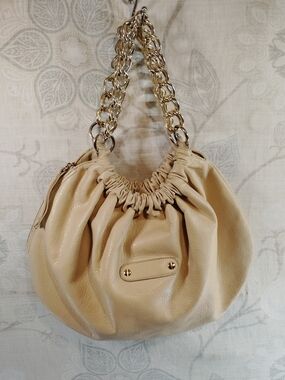 Neutral Gathered Leather Look Shoulder Bag with Gold Tone Chain Handles